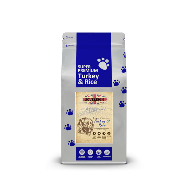 Turkey & Rice Adult Dog. Contains Omega 3 & 6 essential fatty acids